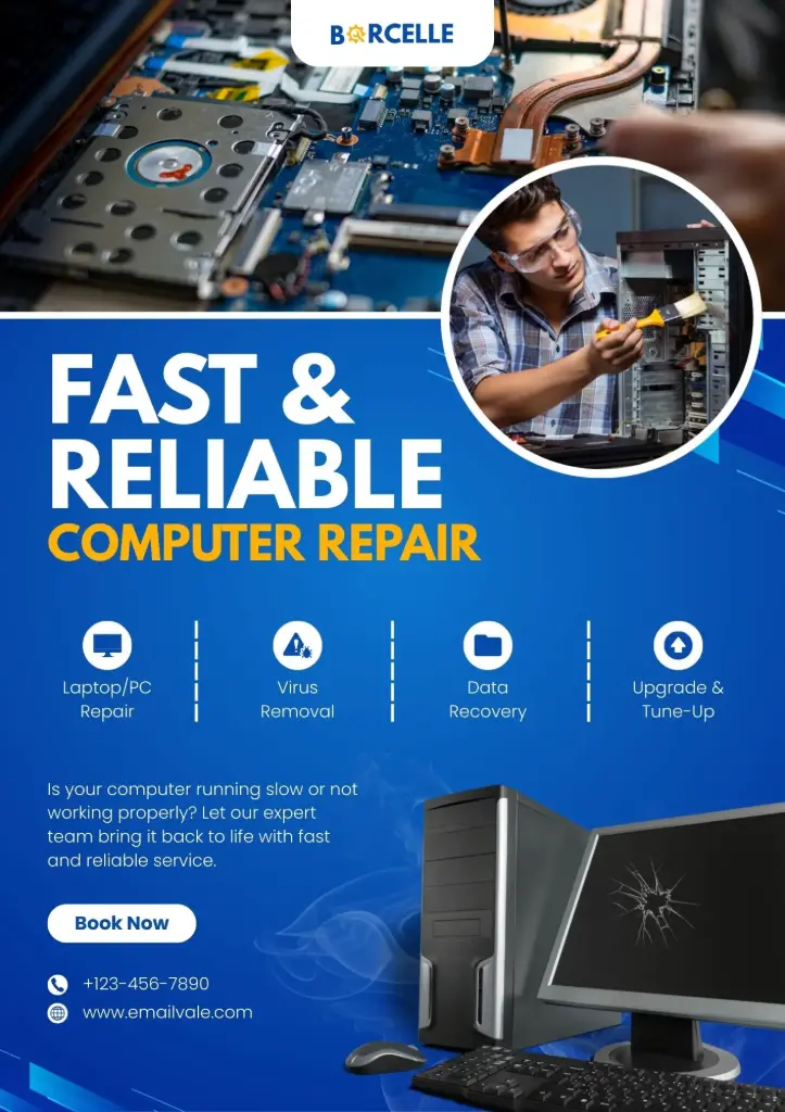 Blue White and Yellow Modern Gradient Computer Repair and Service Flyer